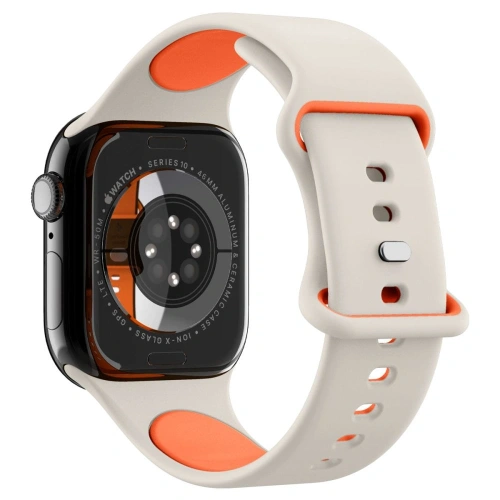 Design z pomarańczowymi akcentami na beżowym pasku silikonowym Spigen Nano Pop dla Apple Watch