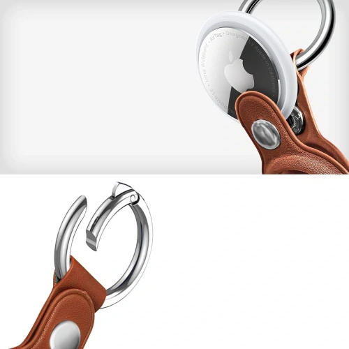 Zbliżenie na etui Tech-Protect NaturalFit, brązowy brelok z wysokiej jakości skóry ekologicznej bez funkcji MagSafe