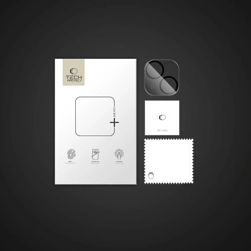 Zdjęcie przedstawia szkło ochronne na obiektyw aparatu, dopasowane do modeli iPhone 14 i 15, z zestawem do łatwej instalacji.