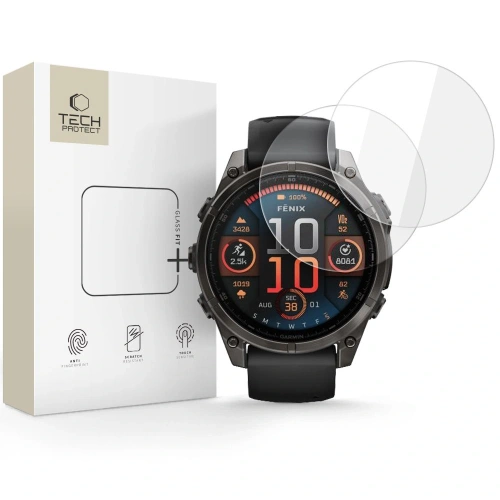 Szkło hartowane Tech-Protect Glass Fit+ Garmin Fenix 8 47mm, przezroczyste, w zestawie 2 sztuki, zapewnia ochronę przed zarysowaniami.