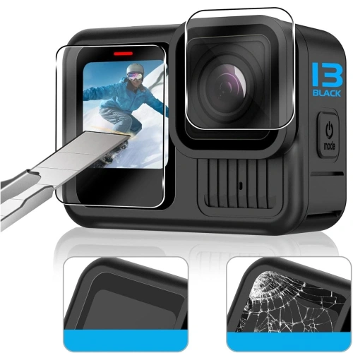Detal szkła hartowanego Tech-Protect Glass Fit+ z bliska, pokazujący przezroczystość i precyzyjne dopasowanie do modeli GoPro Hero.