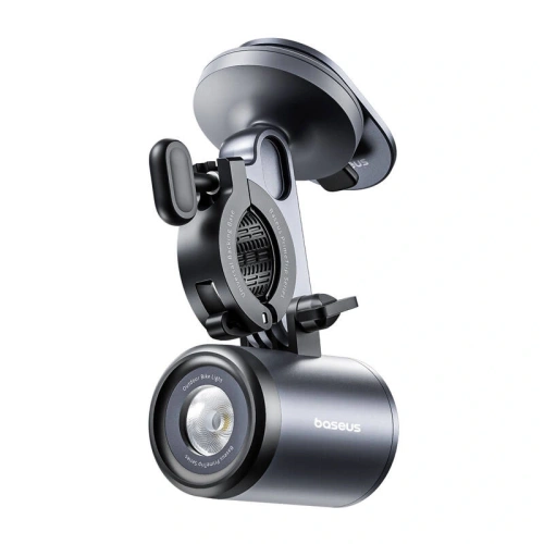 Uchwyt rowerowy Baseus PrimeTrip 2w1 w kolorze czarnym z telefonem zamocowanym na kierownicy roweru.