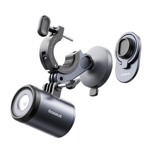 Uchwyt Baseus PrimeTrip 2w1 z telefonem, prezentujący stabilne mocowanie na rowerze.