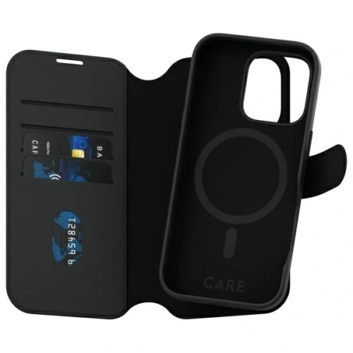 Husa cu clapetă CARE by PanzerGlass de culoare neagră, perfectă pentru iPhone 16 Pro.