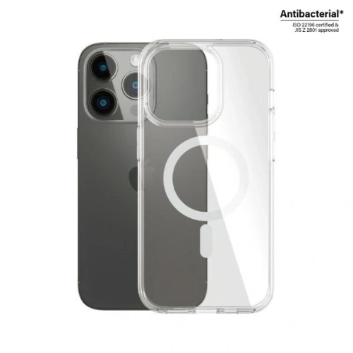 Etui PanzerGlass HardCase do iPhone 14 Pro z przezroczystego materiału, ukazujące funkcjonalność MagSafe i antybakteryjne właściwości.