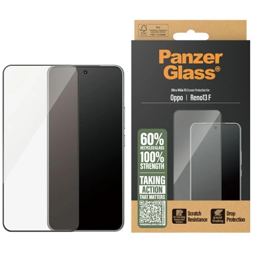 Gehärtetes Glas PanzerGlass Ultra-Wide Fit für Oppo Reno13 F, das die perfekte Passform für den Bildschirm des Handys zeigt.