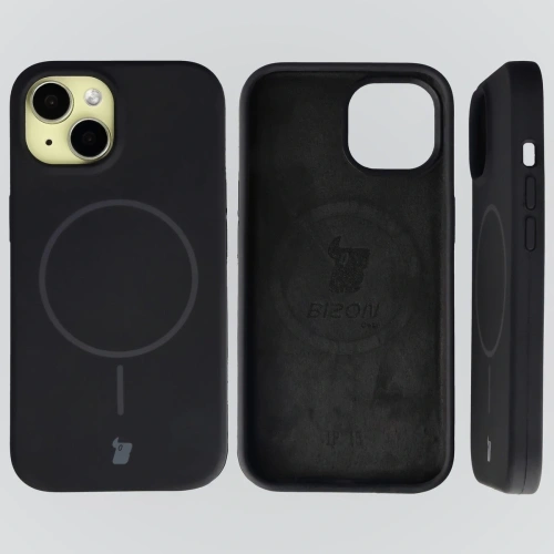 Husa Bizon Soft Case montată pe Apple iPhone 15, prezentând o potrivire perfectă