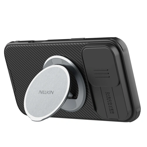 Zbliżenie na uchwyt magnetyczny Nillkin, ukazujące mocne magnesy w akcji.