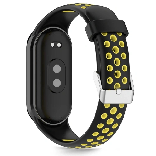 Brățara Tech-Protect IconBand de culoare neagră cu accente galbene pe fundal alb.