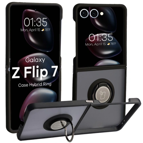Etui Bizon Case Hybrid Ring do Samsung Galaxy Z Flip7 w kolorze czarnym z uchwytem na palec.
