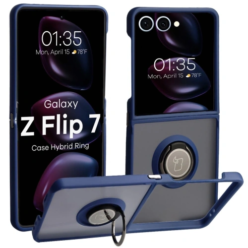 Etui Bizon Case Hybrid Ring w kolorze ciemnoniebieskim, idealne do Samsung Galaxy Z Flip7.