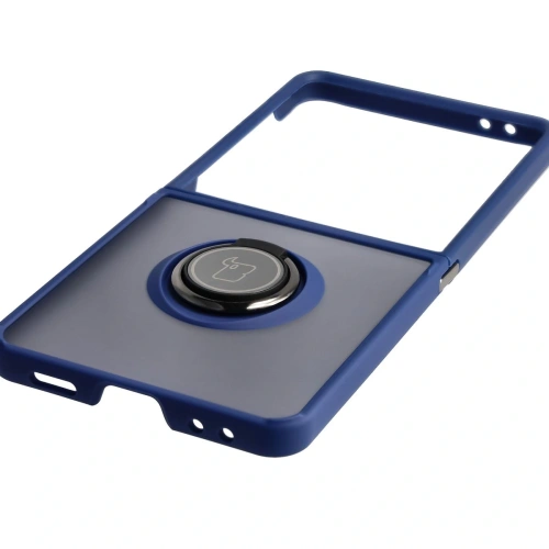 Detale etui z uchwytem, ukazujące teksturę materiału i granatową ramkę.