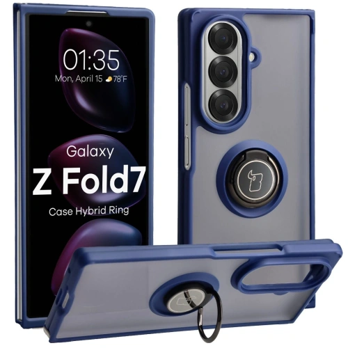 Etui z uchwytem na palec Bizon Case Hybrid Ring w kolorze granatowym na telefonie Samsung Galaxy Z Fold7.