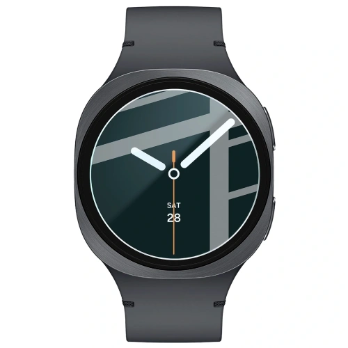 Tvrdé sklo Bizon Glass Watch Clear na obrazovce Samsung Galaxy Watch 8 40 mm zblízka, ukazující jeho průhlednost.