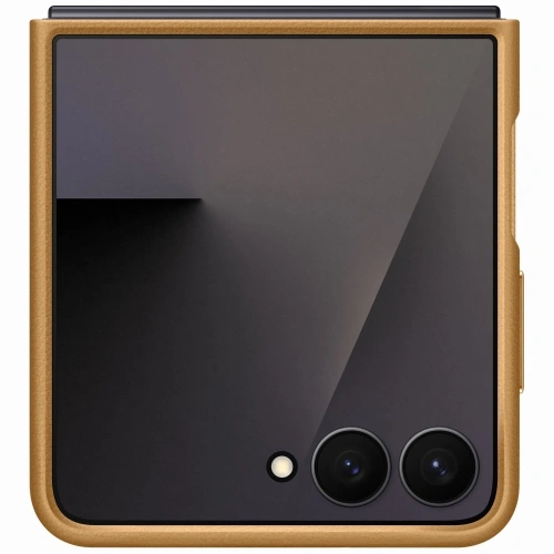 Brązowe etui z hybrydowego materiału, zapewniające ochronę i styl.