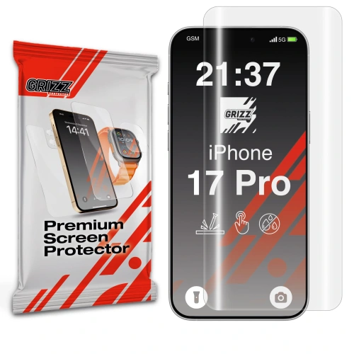 Folia hydrożelowa GrizzGlass Hydrofilm na ekran iPhone 17 Pro, idealna do ochrony przed zarysowaniami.