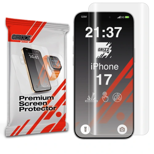 Folia hydrożelowa GrizzGlass Hydrofilm na ekranie Apple iPhone 17, doskonała ochrona przed zarysowaniami.