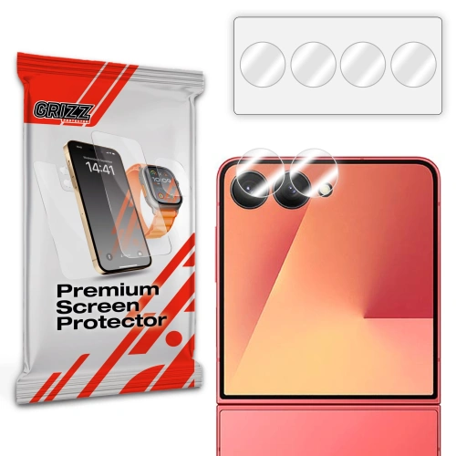 Szkło na aparat GrizzGlass HybridGlass Camera do Samsung Galaxy Z Flip7, pokazujące doskonałe dopasowanie do obiektywu.