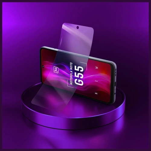 Detal szkła hybrydowego 3MK FlexibleGlass, pokazujący jego cienką i elastyczną strukturę do Motorola Moto G55 5G.