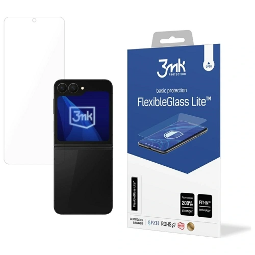 Szkło hybrydowe 3MK FlexibleGlass Lite do Samsung Galaxy Z Flip 6 / Z Flip7 FE, odporne na zarysowania, w zestawie do samodzielnej aplikacji.