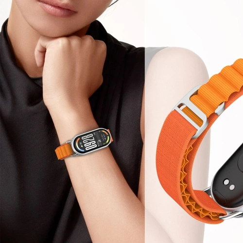Pasek do Xiaomi Smart Band, wykonany z wytrzymałego nylonu w kolorze pomarańczowym, pasujący do modeli 8, 9, 10 i NFC.