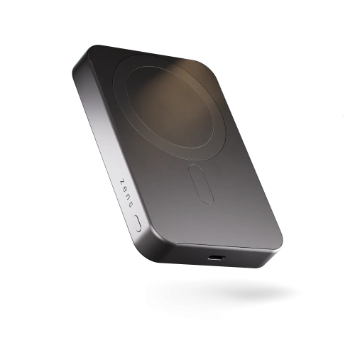 Powerbank magnetyczny ZENS Slim Qi2 w kolorze czarnym, z widocznym logo i portem ładowania.