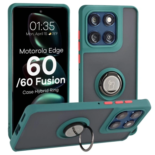 Etui Bizon Case Hybrid Ring do Motorola Edge 60 Fusion w przydymionym kolorze z ciemnozieloną ramką