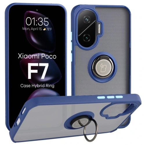 Etui Bizon Case Hybrid Ring do Xiaomi POCO F7 z granatową ramką na białym tle