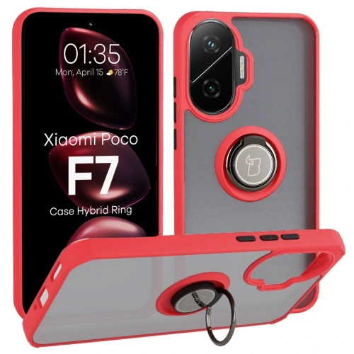 Etui z uchwytem na palec Bizon Case Hybrid Ring do Xiaomi POCO F7 w przydymionym kolorze z czerwoną ramką.