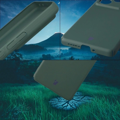 Zdjęcie etui Bizon Case na tle naturalnym, akcentujące jego zielony odcień.