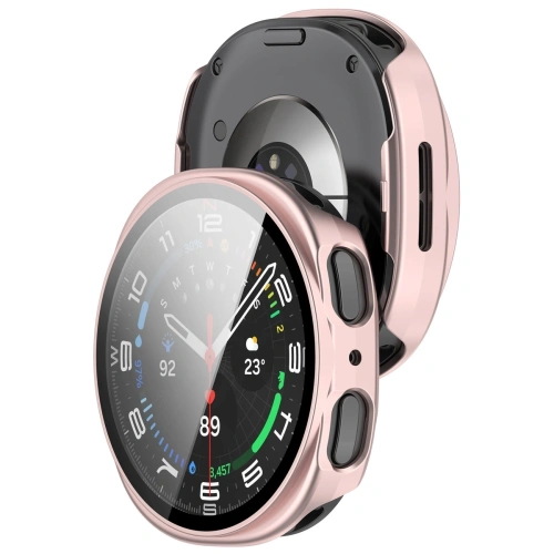 Etui Bizon Case+Glass w satynowym różowym kolorze, idealne do Samsung Galaxy Watch 8 44mm.