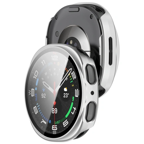 Etui Bizon Case+Glass do Samsung Galaxy Watch 8 w szampańskim kolorze, idealne do ochrony zegarka.