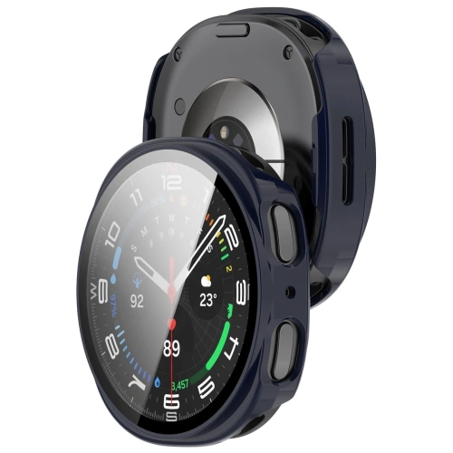 Etui Bizon Case+Glass w niebieskim kolorze, idealne dla Samsung Galaxy Watch 8 44mm.