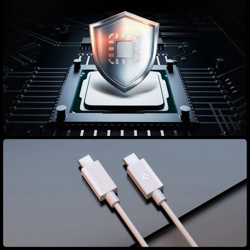 Zbliżenie na złącza USB-C kabla Spigen, ukazujące ich precyzyjne wykonanie