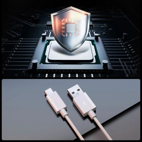 Kabel USB-C Spigen w białym kolorze, łączący nowoczesny design z funkcjonalnością.