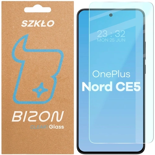Szkło hartowane Bizon Glass Clear 2 do OnePlus Nord CE5 5G na tle białym, pokazujące jego przezroczystość.