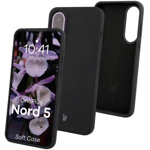 Czarne silikonowe etui Bizon Soft Case do OnePlus Nord 5 na tle białym.