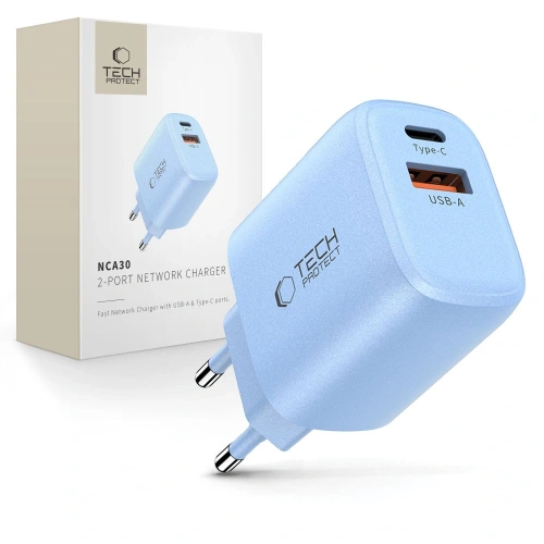 Ładowarka sieciowa Tech-Protect NCA30 w kolorze baby blue z portem USB-A i USB-C.