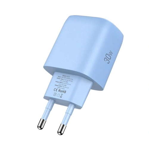 Opakowanie ładowarki sieciowej Tech-Protect NCA30 w kolorze baby blue.