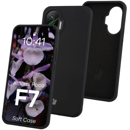 Czarne silikonowe etui Bizon Soft Case dla Xiaomi POCO F7 na tle białym