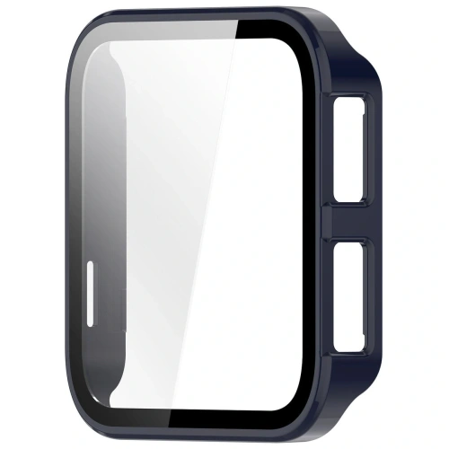 Niebieskie etui Bizon Case+Glass Watch na tle białego stołu, elegancki akcent.