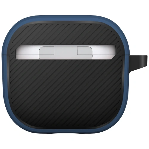 Niebieskie etui UNIQ Clyde z wycięciami, zapewniające łatwy dostęp do słuchawek.