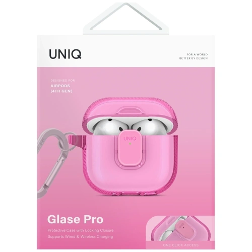 Zbliżenie na etui UNIQ Glase Pro, pokazujące detale i wycięcia na słuchawki AirPods 4.