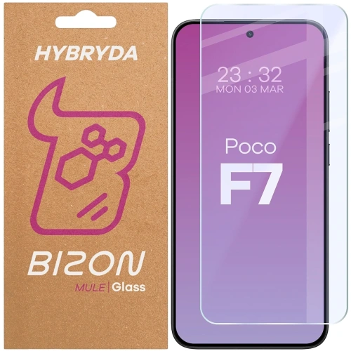 Elastyczne szkło hybrydowe Bizon Glass Mule do Xiaomi POCO F7 na tle białym.