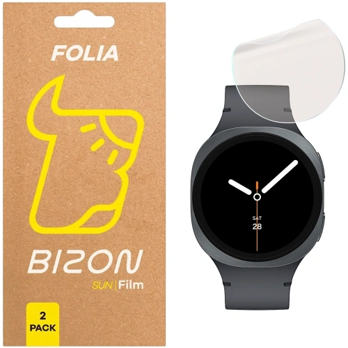 Folia matowa Bizon Glass Watch Film Sun Duo do Samsung Galaxy Watch 8 44mm w zestawie 2 sztuk na stole.