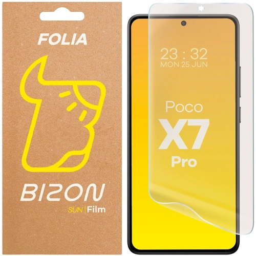 Folia matowa Bizon Glass Film Sun do Xiaomi POCO X7 Pro z bliska, ukazująca jej przezroczystość i matowe wykończenie.