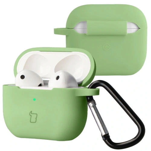 Silikonowe etui Bizon Case w jasnozielonym kolorze dla Apple AirPods 3 z karabińczykiem.
