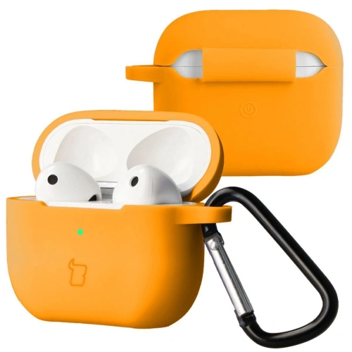 Silikonowe etui Bizon Case w kolorze marchewkowym dla Apple AirPods 3 z karabińczykiem.