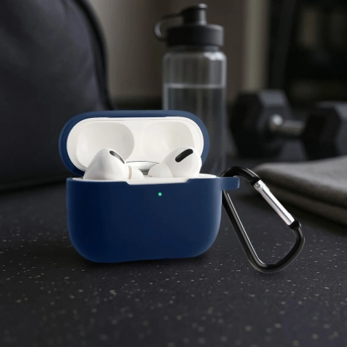 Stylowe granatowe etui do AirPods Pro 2, zapobiegające zarysowaniom i uszkodzeniom.