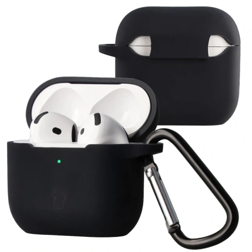 Czarne silikonowe etui Bizon Case do Apple AirPods 4 z karabińczykiem w widoku z boku.
